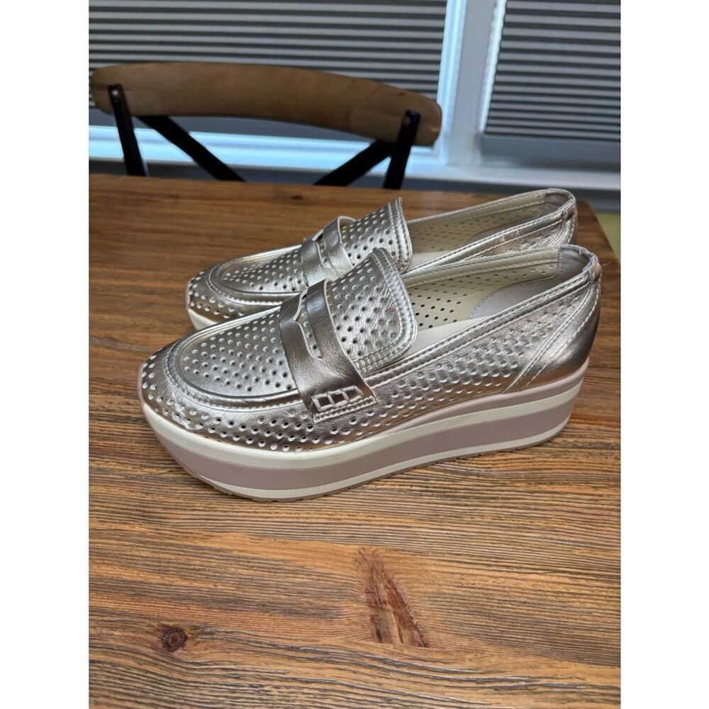 Dolce Vita Champagne Metallic Perforated Platform Loafers - Picture 13 of 13
